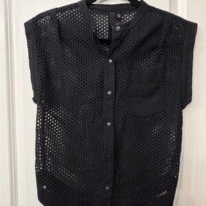 EDUN Black Eyelet Snap-Front Button Down Top
